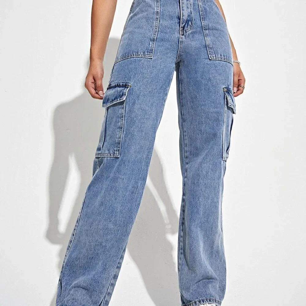 Light Wash Casual Womens High Waist Flap Pocket Side Cargo Jeans